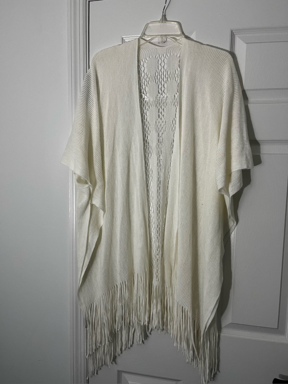 just be Ivory Open-Front Fringe Knit Poncho